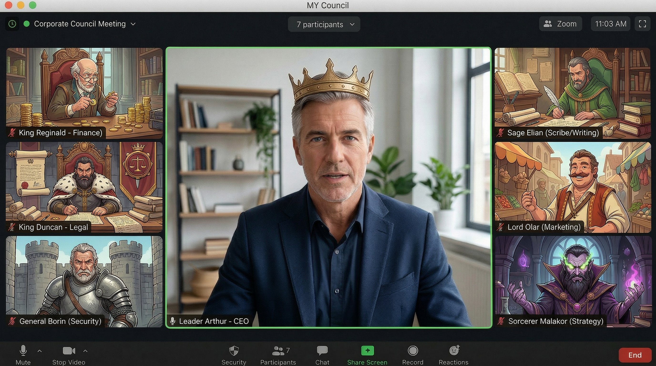 Video conference showing the user as the 7th king commanding the Council of Six Kings in a Zoom-style corporate meeting